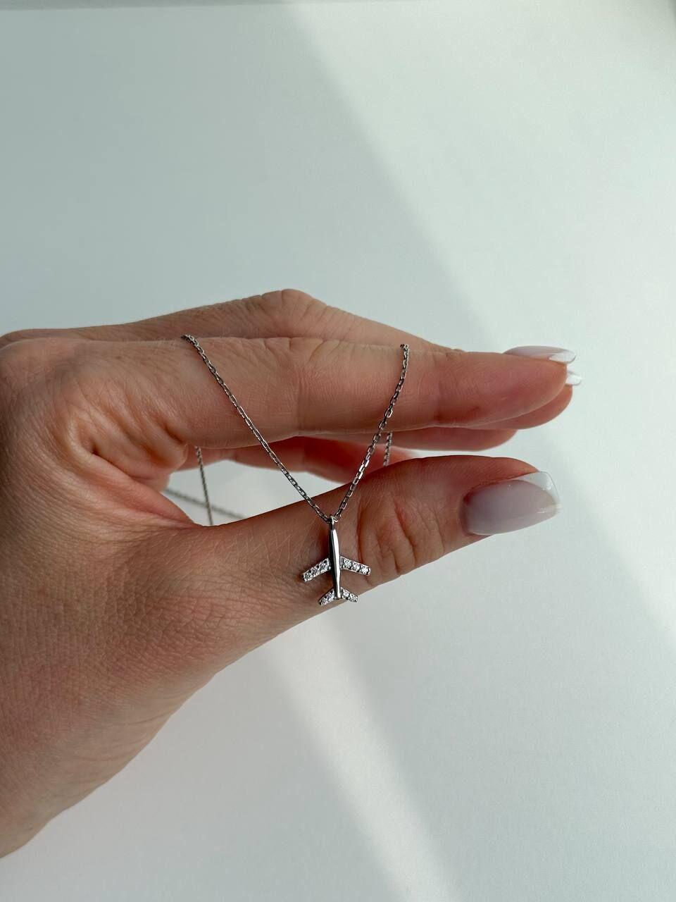 Зображення Жіноче срібне кольє з підвіскою літак і фіанітами