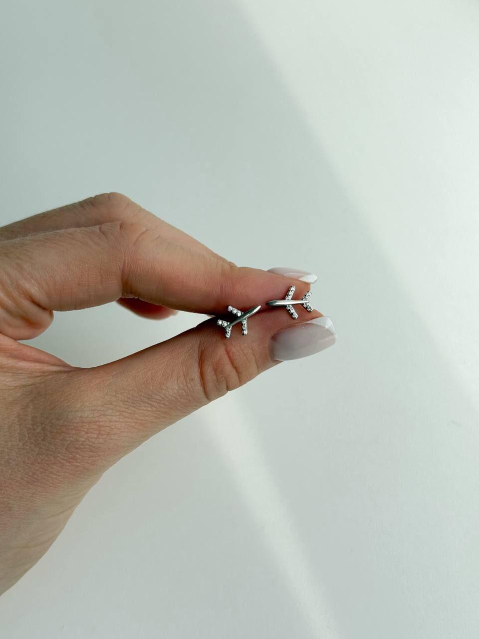 Зображення Жіночі срібні сережки-пусети літак з фіанітами