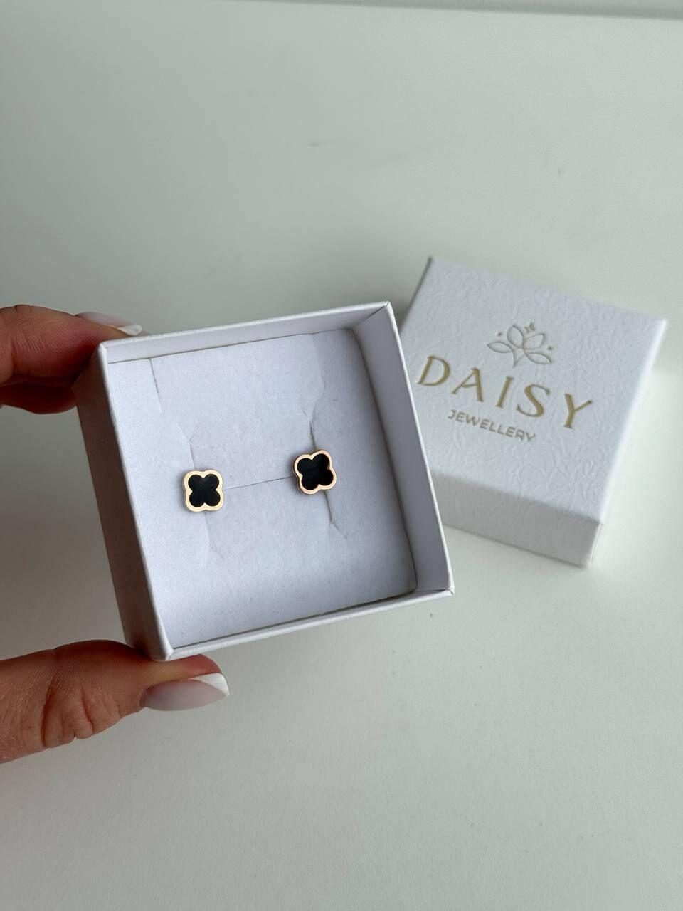 Зображення Жіночі срібні сережки-гвоздики конюшина з чорною емаллю