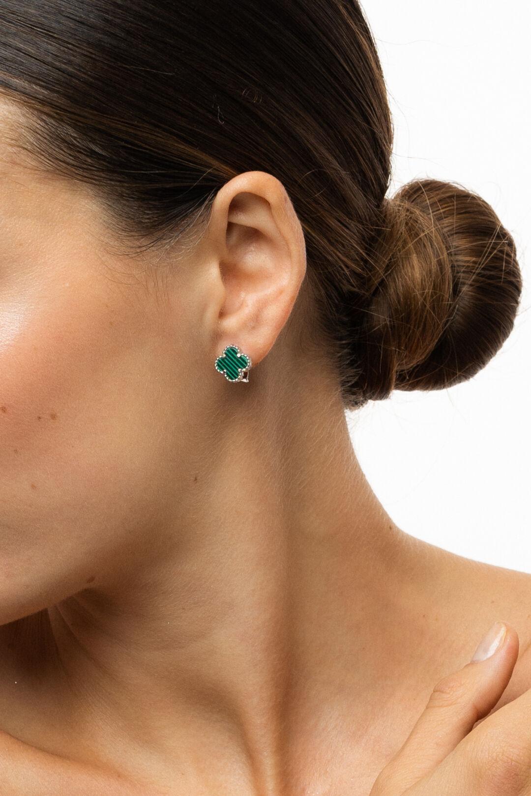 Зображення Срібні сережки малахіт Клевер 1 см 