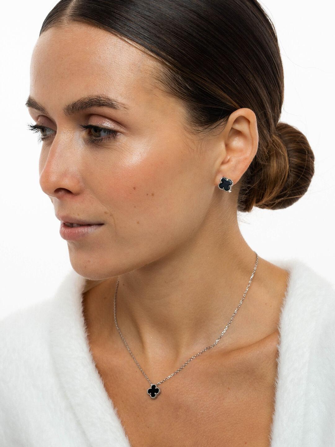 Зображення Срібне кольє онікс Клевер 1 см 