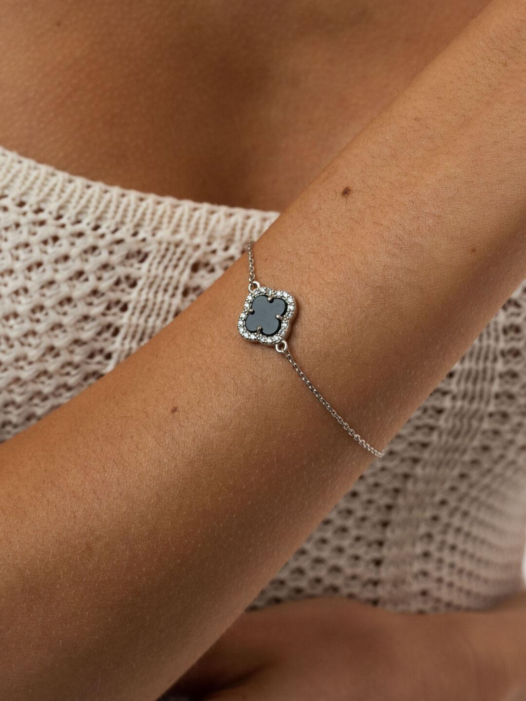 Зображення Срібний браслет Клевер онікс та куб.цирконій