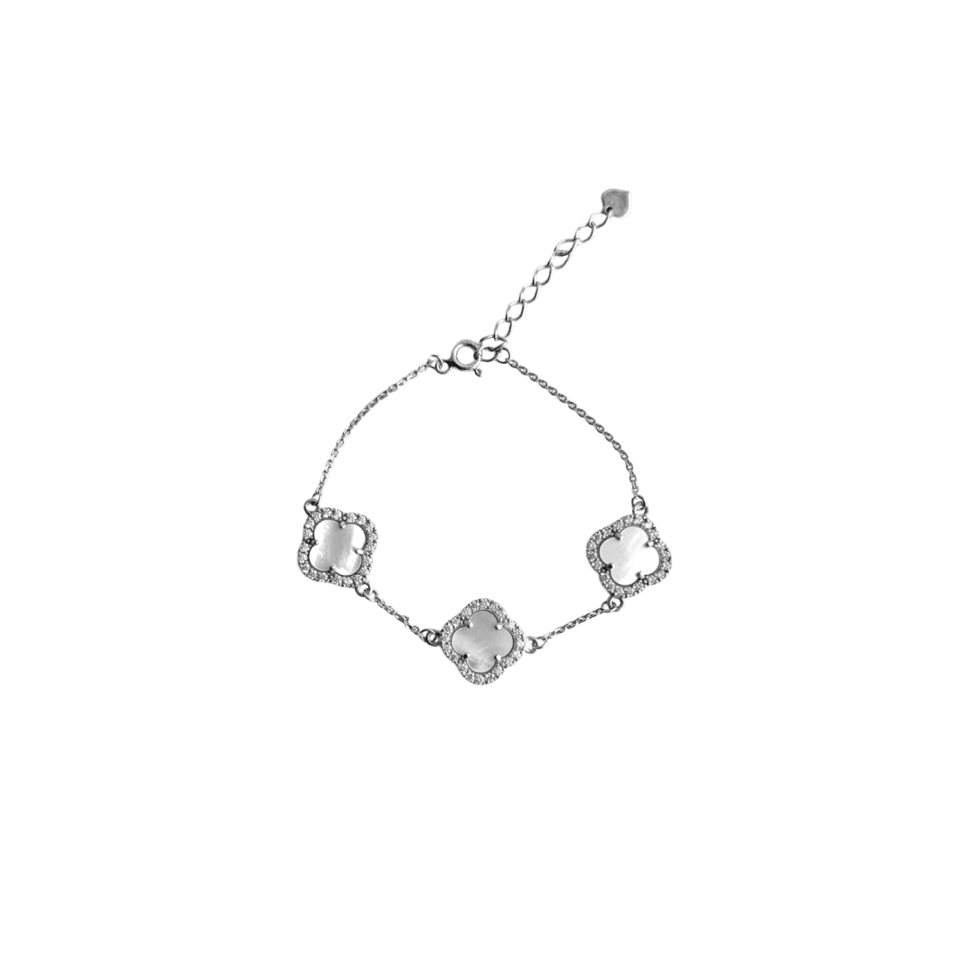 Зображення Срібний браслет з перламутром та куб.цирконієм Клевер 3 вставки